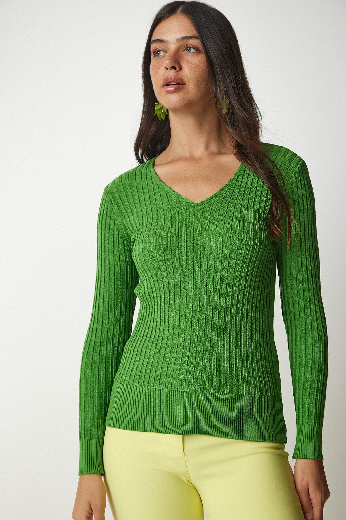 Açık Yeşil V Yaka Fitilli Basic Bluz BV00096