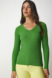 Açık Yeşil V Yaka Fitilli Basic Bluz BV00096