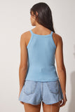 Gök Mavi Fitilli Crop Halter Yaka Örme Atlet ZV00106