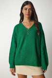 Koyu Yeşil V Yaka Oversize Basic Triko Kazak MX00130