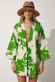 Bej Yeşil Desenli Keten Viskon Kimono BH00381