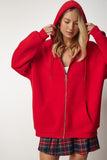 Kırmızı Kapüşonlu Fermuarlı Oversize Sweatshirt UB00124