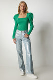 Yeşil Kare Yaka Fitilli Triko Bluz YY00159