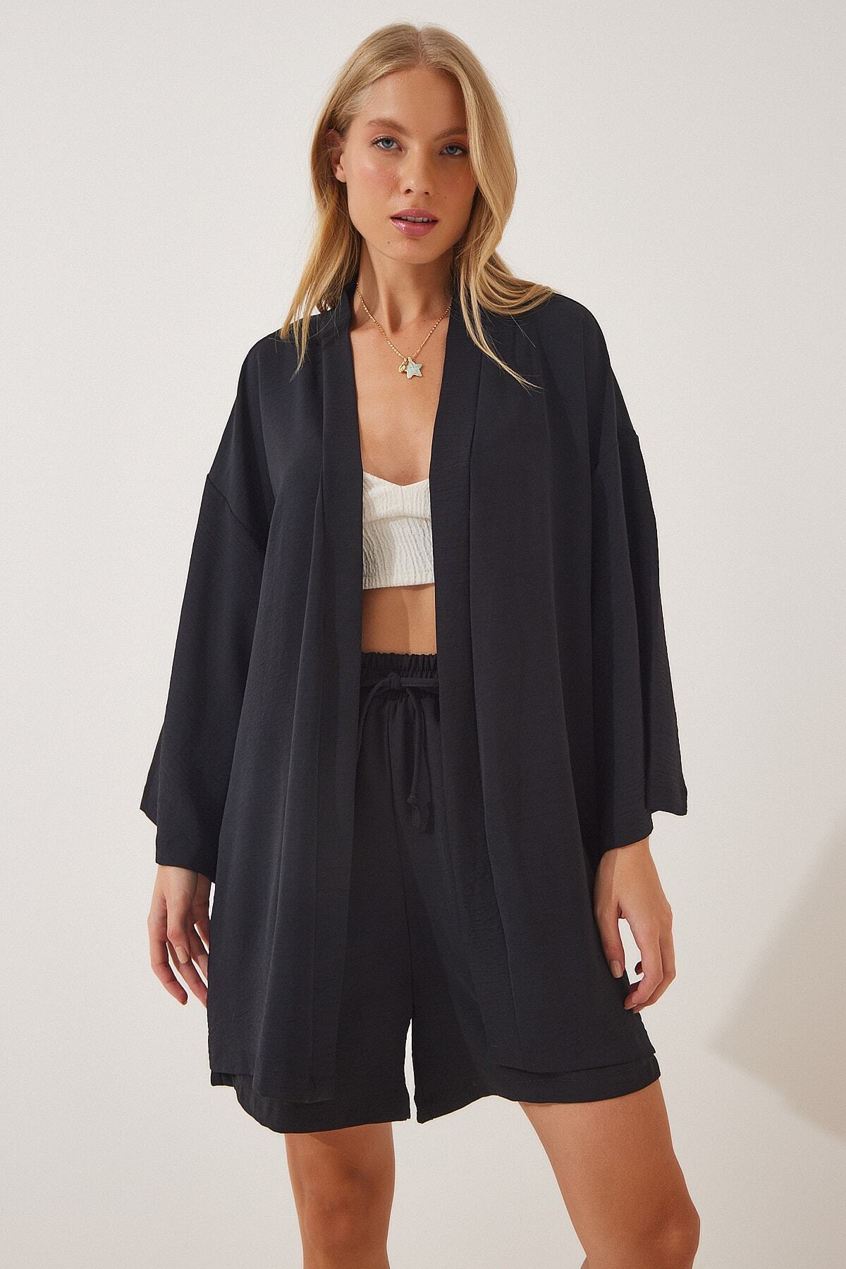 Siyah Dökümlü Ayrobin Kimono Şort Takım DZ00053