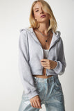 Gri Kapüşonlu Fermuarlı Crop Sweatshirt UB00136