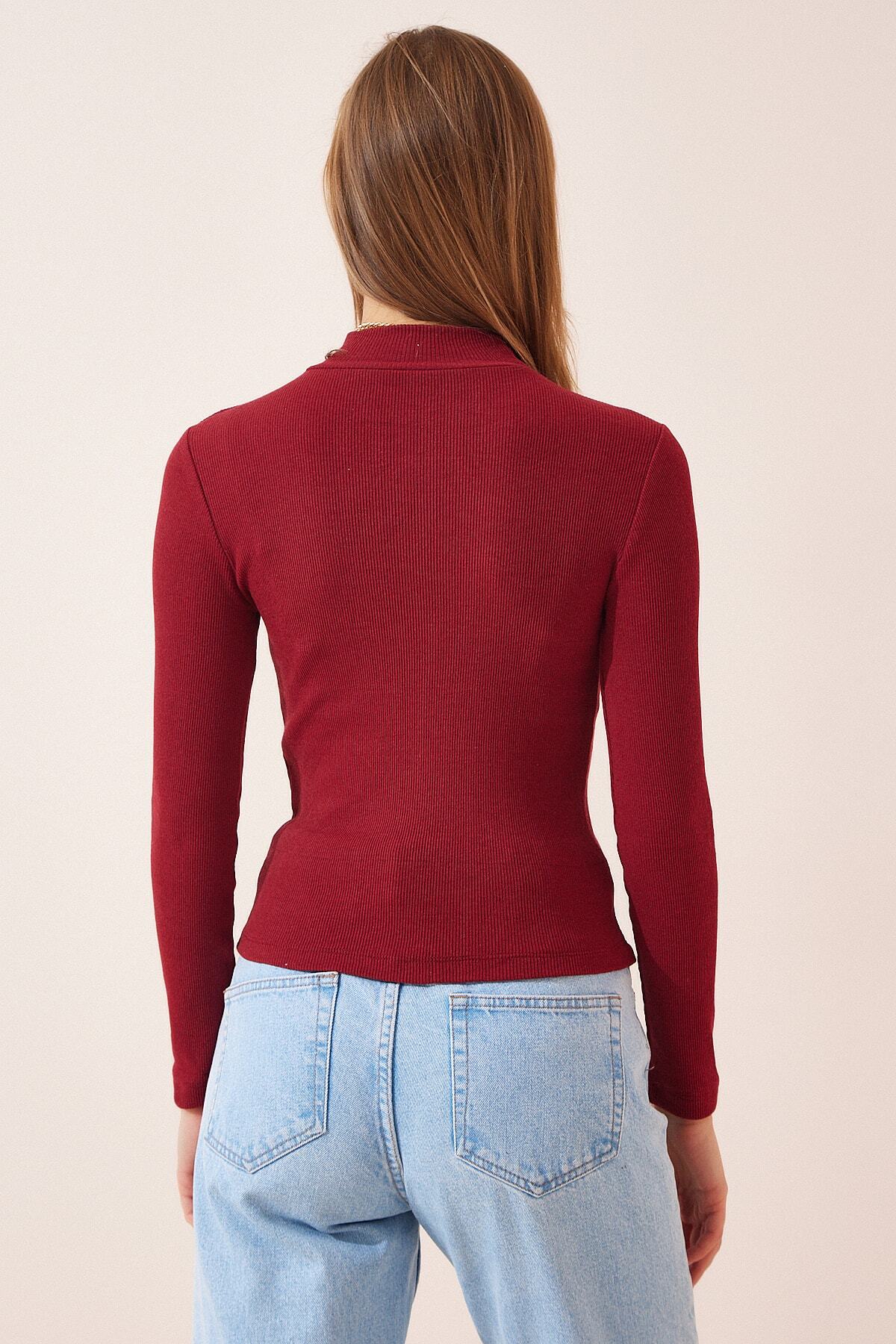 Bordo Balıkçı Yaka Fitilli Örme Bluz GT00054