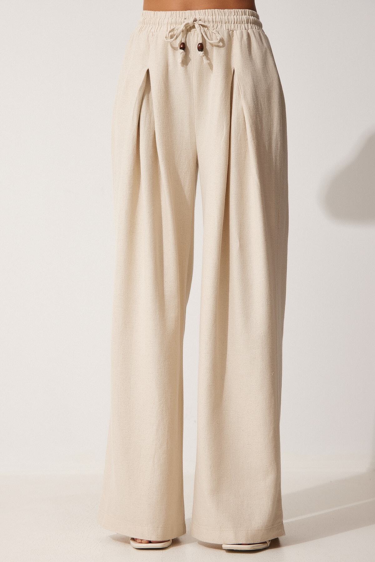 Krem Ham Keten Bol Palazzo Pantolon NS00388