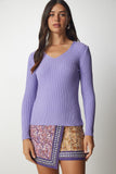 Lila V Yaka Fitilli Basic Bluz BV00096