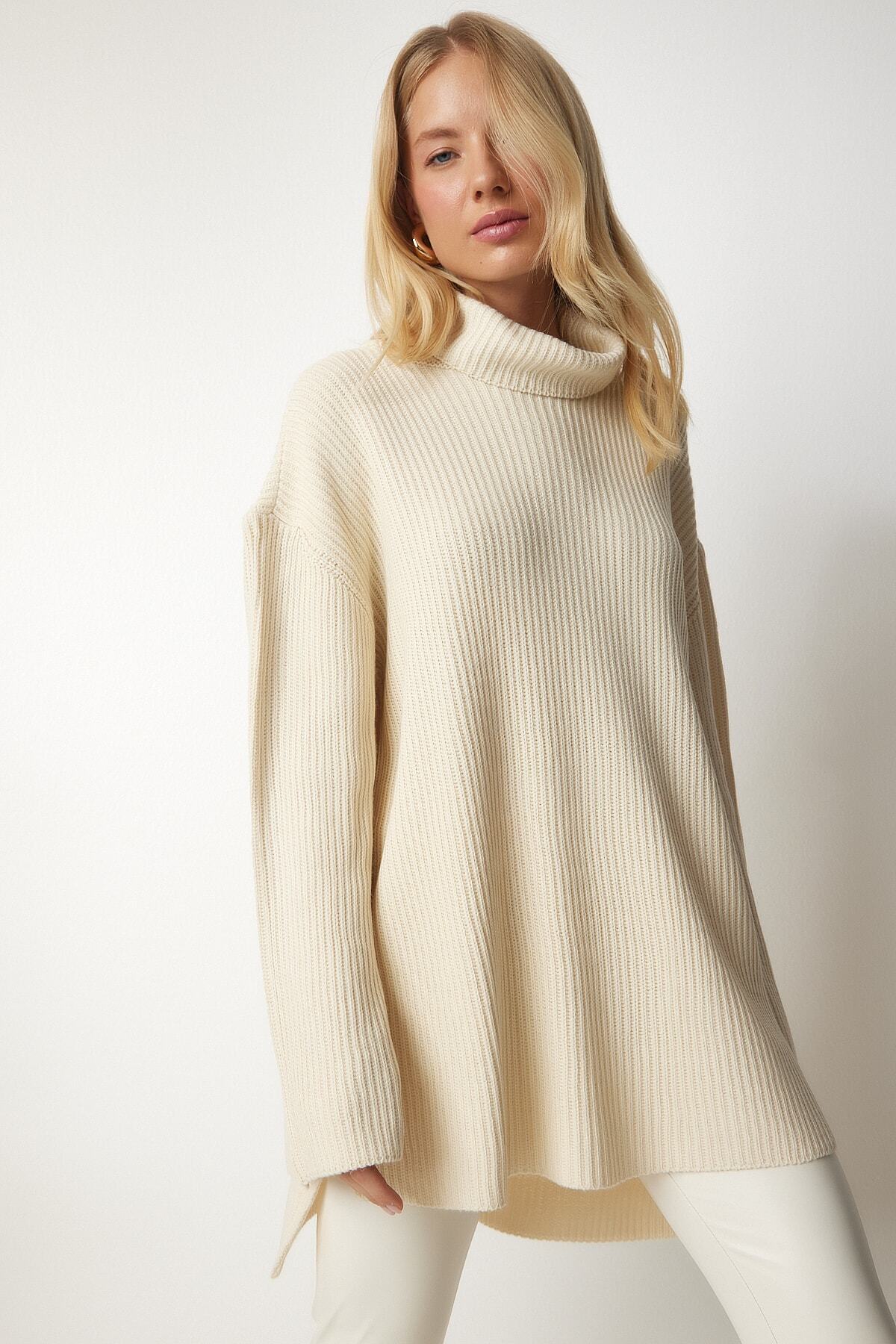 Krem Balıkçı Yaka Oversize Triko Kazak YY00164