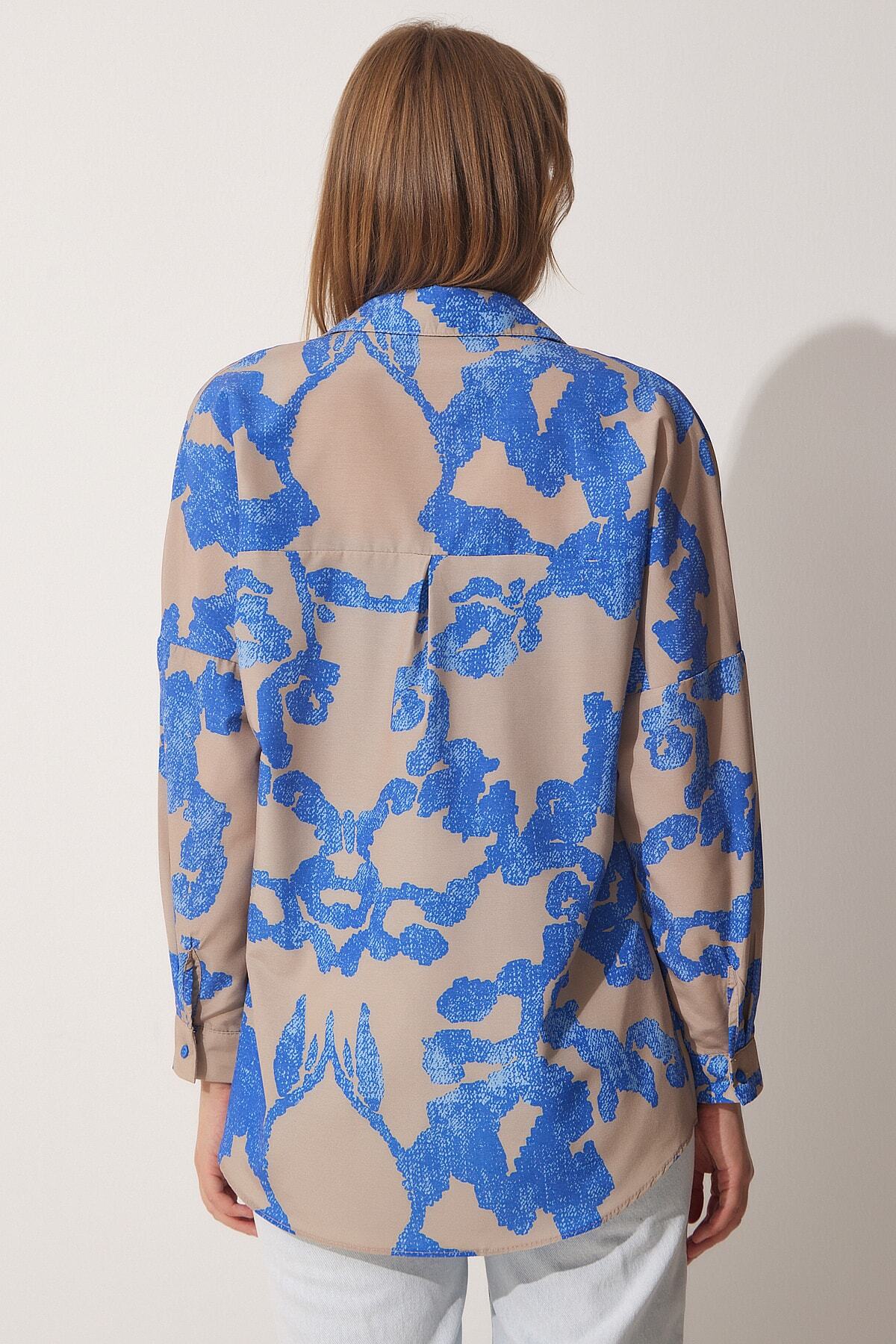 Mavi Bej Desenli Oversize Poplin Gömlek DD01227