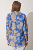 Mavi Bej Desenli Oversize Poplin Gömlek DD01227