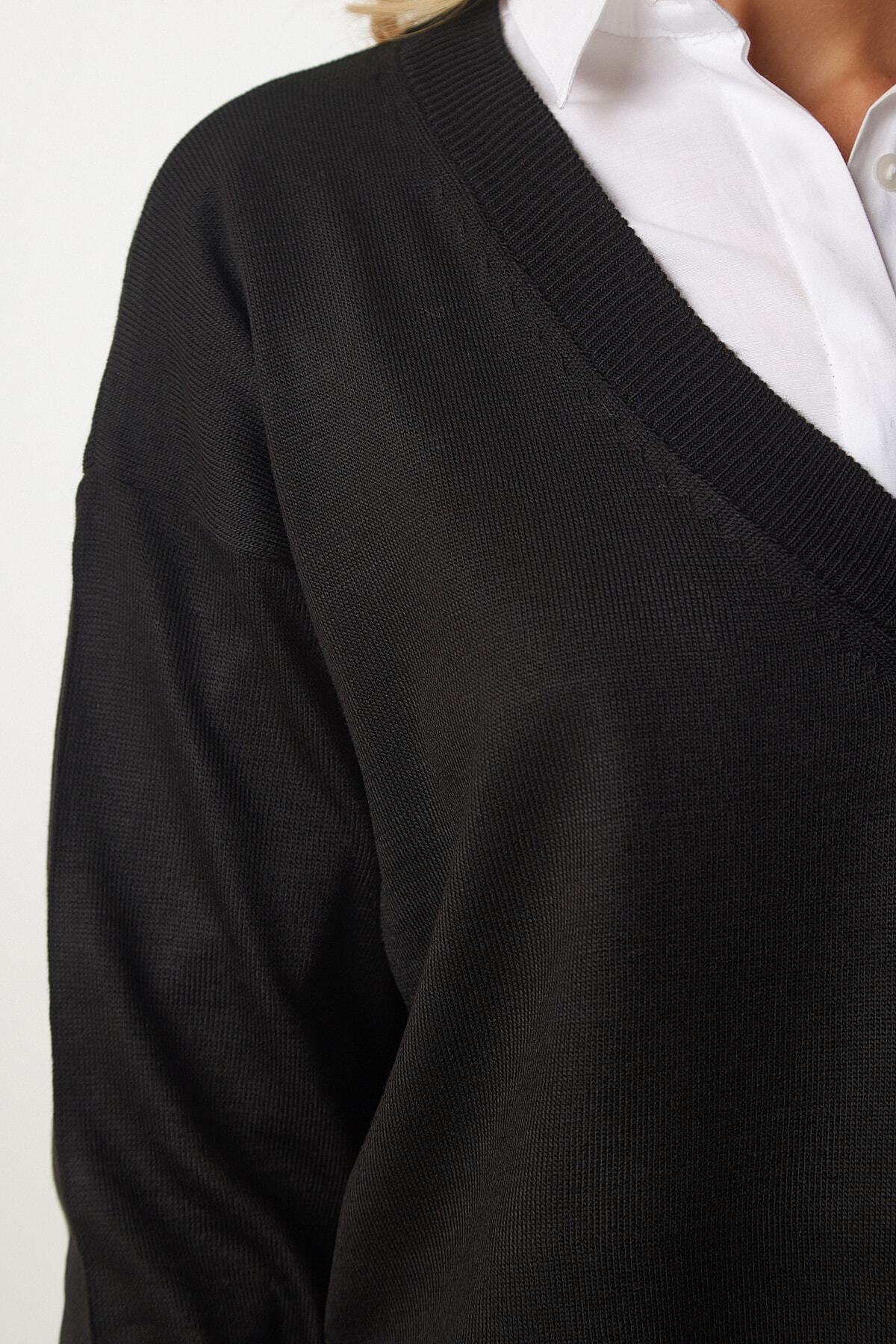 Siyah V Yaka Oversize Triko Kazak BV00082