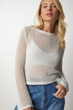 Krem Simli Ajurlu Transparan Triko Bluz BV00091