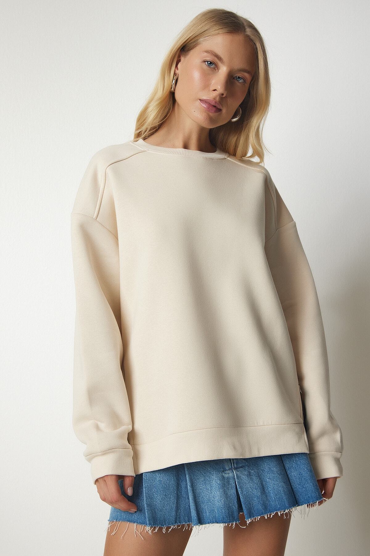 Krem Fermuar Detaylı Şardonlu Örme Sweatshirt UB00148