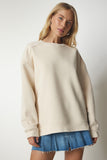 Krem Fermuar Detaylı Şardonlu Örme Sweatshirt UB00148