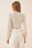Krem Derin V Yaka Crop Sandy Örme Bluz BF00050