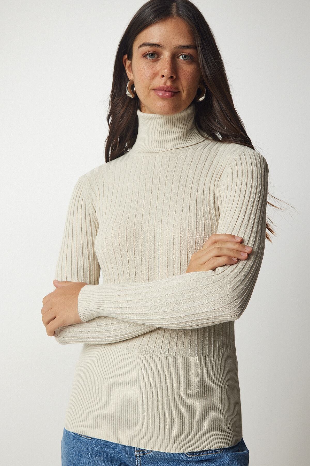 Bej Balıkçı Yaka Fitilli Basic Kazak bv00095
