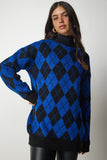 Mavi Baklava Desenli Oversize Triko Kazak YY00162