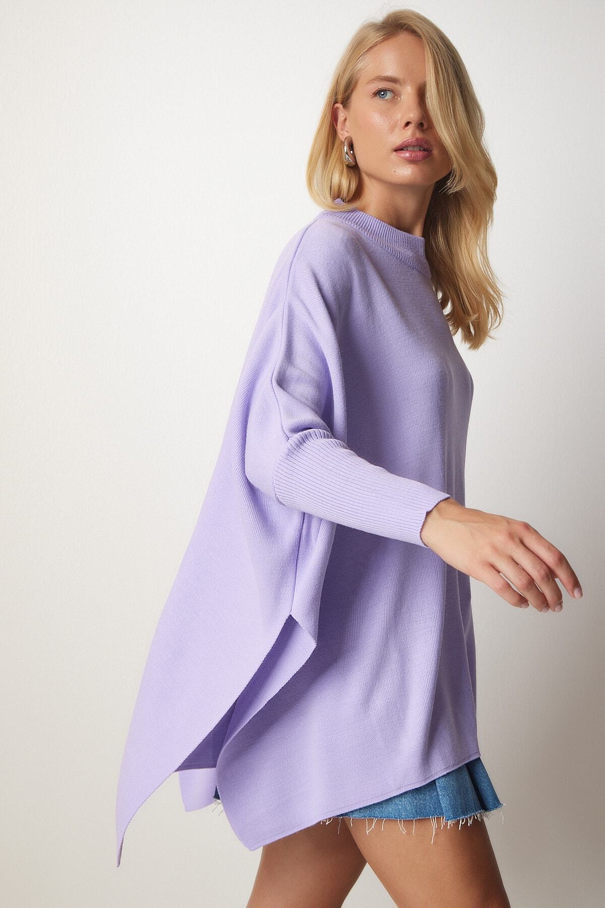 Lila Yandan Yırtmaçlı Oversize Panço Kazak YY00005