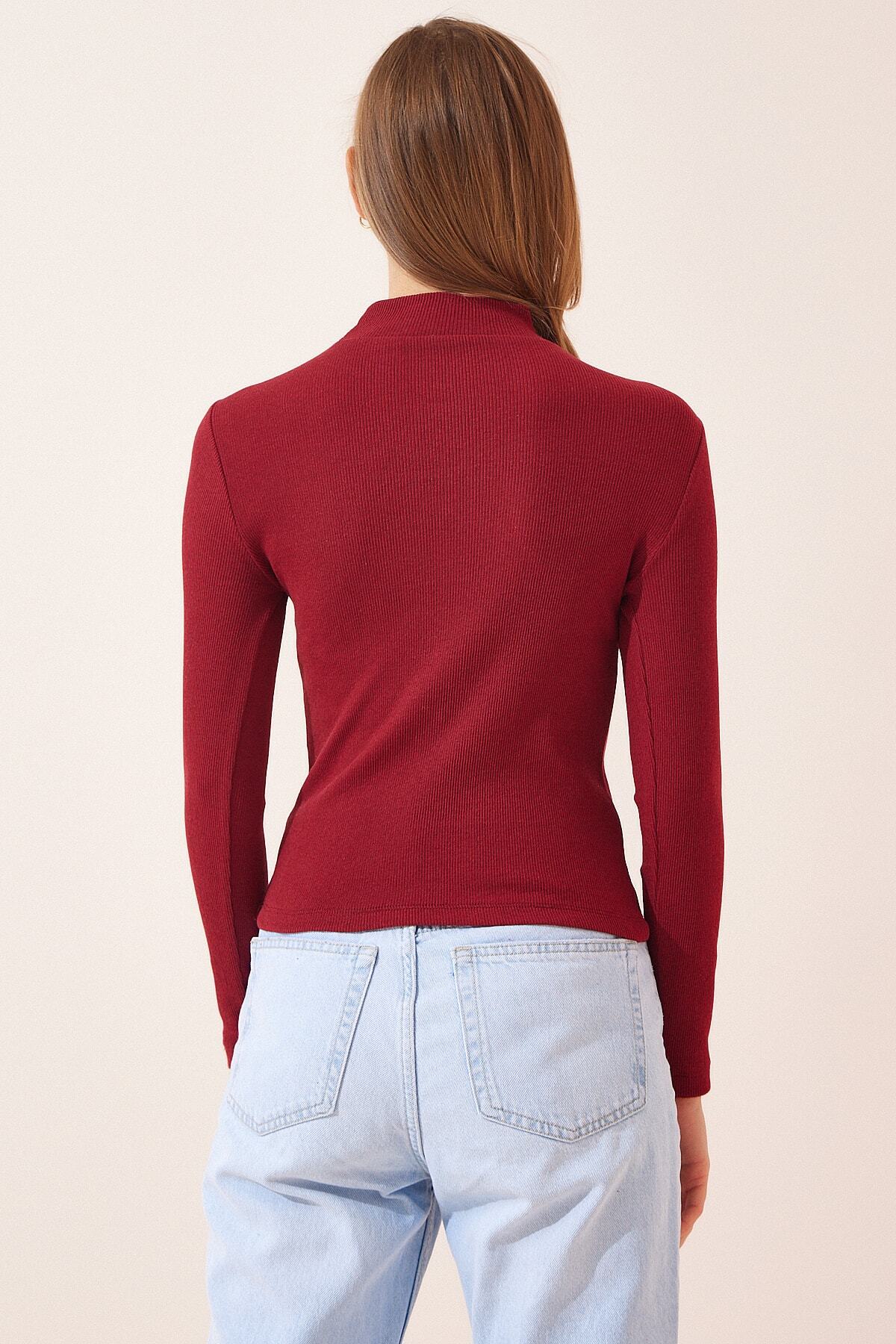 Bordo Cut Out Detaylı Fitilli Örme Bluz GT00065