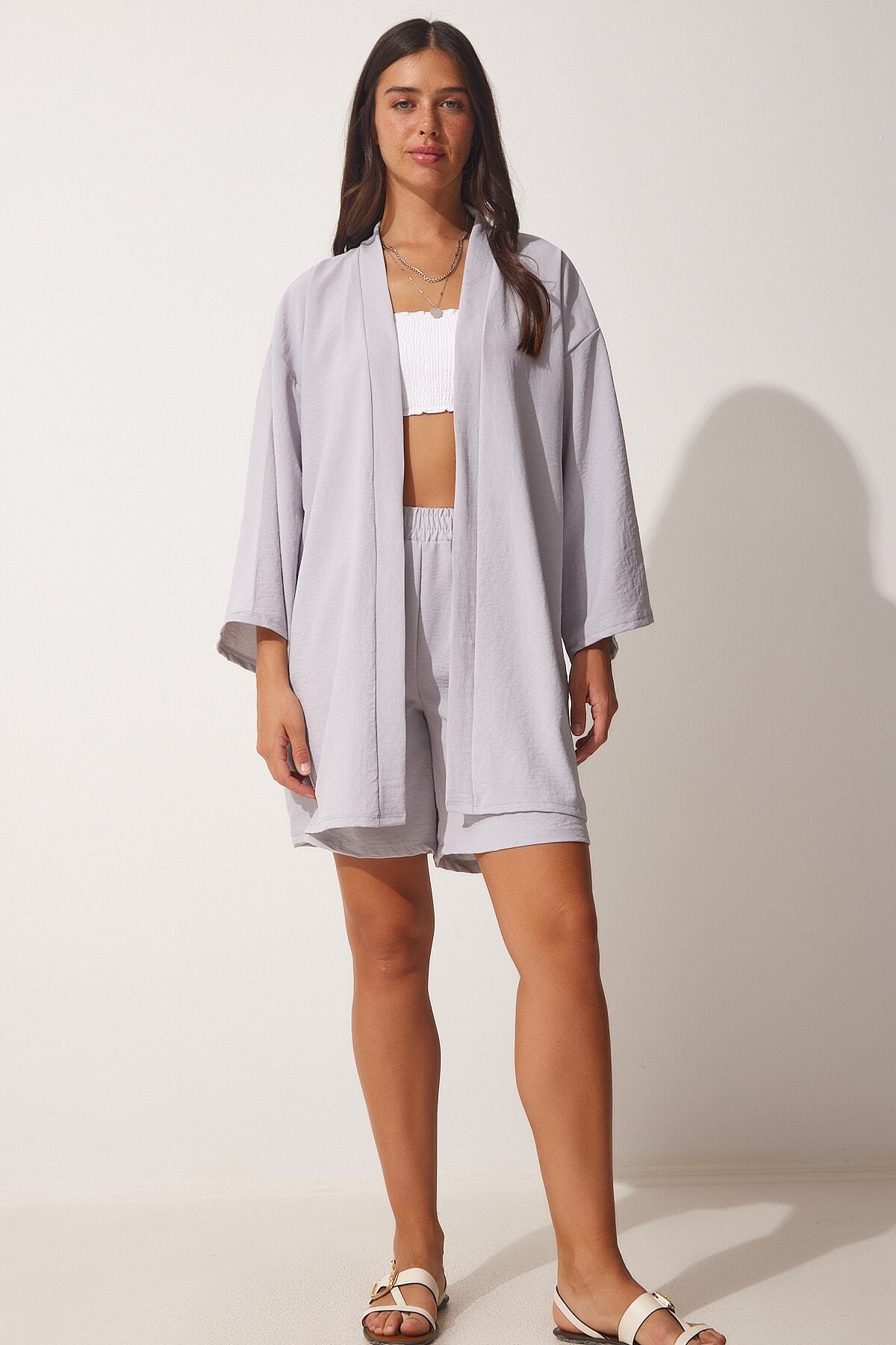 Gri Dökümlü Ayrobin Kimono Şort Takım  DZ00053