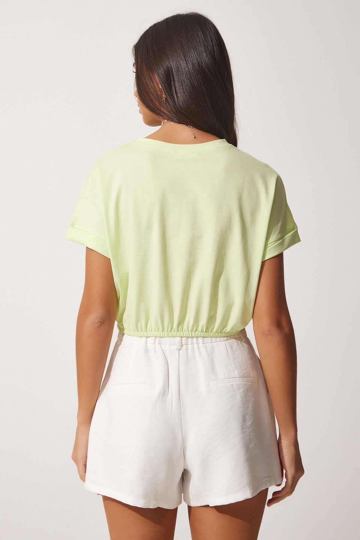 Açık Yeşil Beli Elastik Crop T-Shirt UB00083