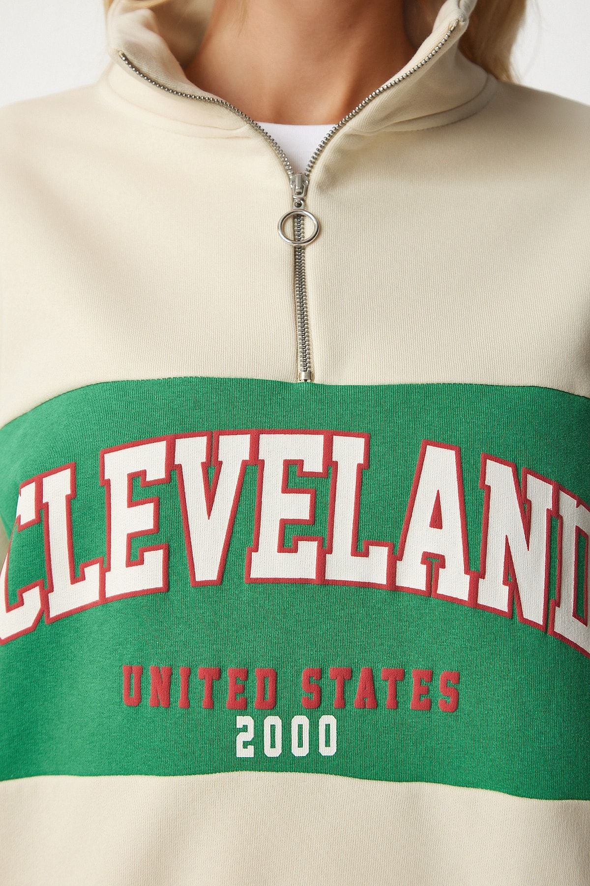 Krem Yeşil Blok Renkli Baskılı Oversize Sweatshirt HF00439