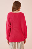 Koyu Pembe V Yaka Selanik Örgü Oversize Triko Kazak ZA00059