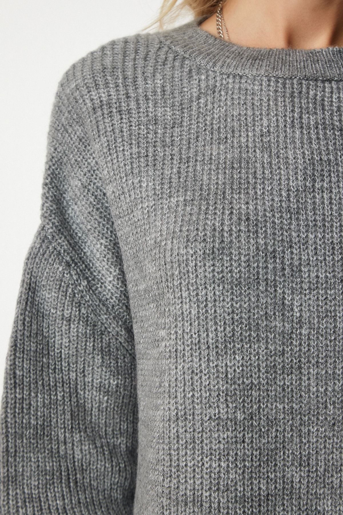 Gri Oversize Uzun Basic Triko Kazak BV00099
