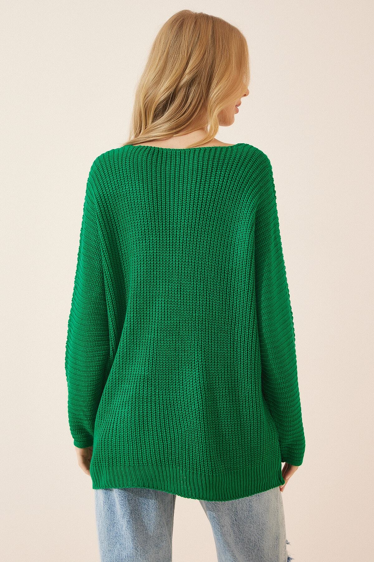 Yeşil V Yaka Selanik Örgü Oversize Triko Kazak ZA00059