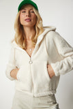 Krem Kapüşonlu Fermuarlı Polar Sweatshirt MC00216
