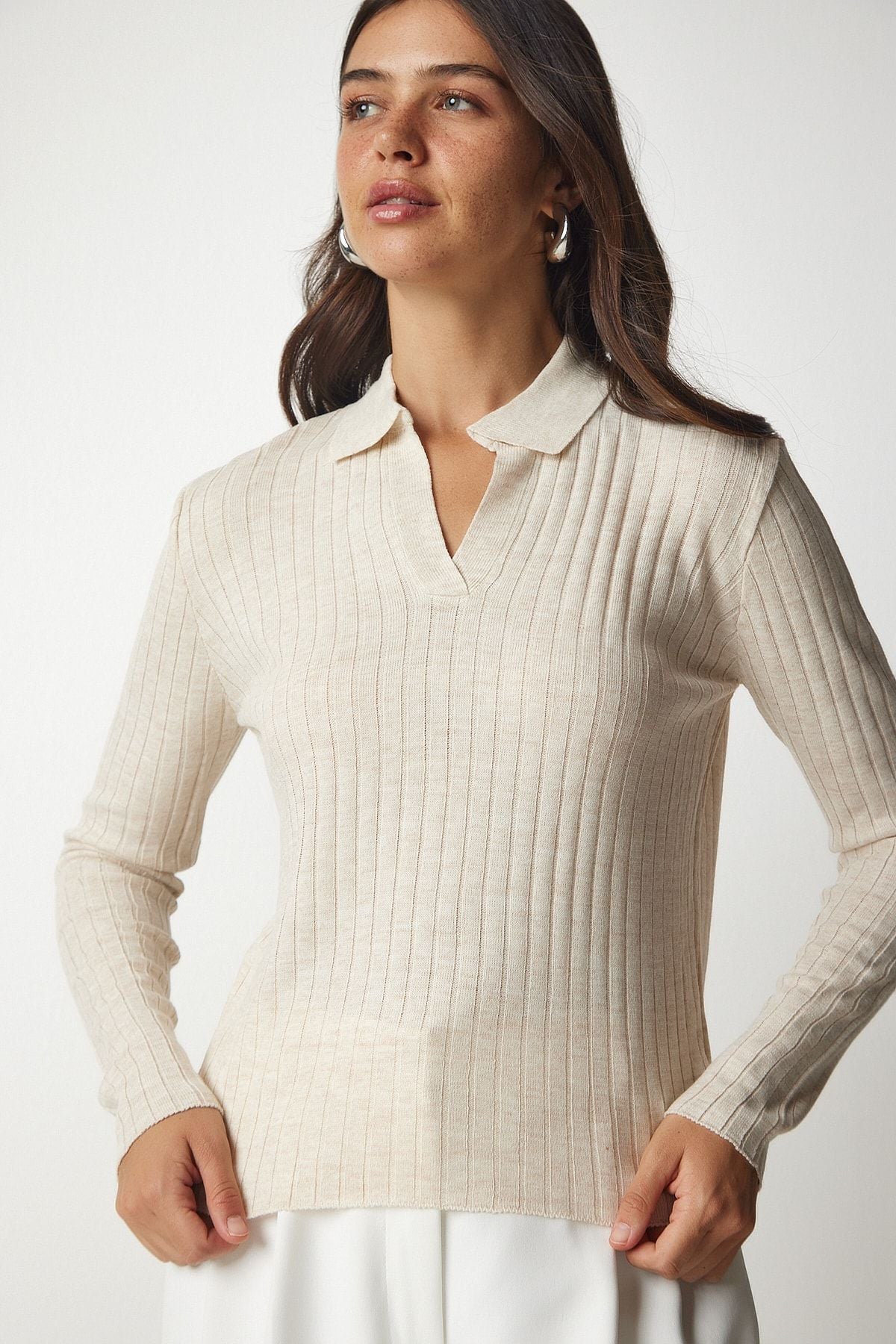 Krem Polo Yaka Fitilli Triko Kazak BV00011