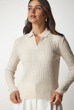 Krem Polo Yaka Fitilli Triko Kazak BV00011
