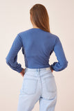 İndigo Mavi Derin V Yaka Crop Sandy Örme Bluz BF00050