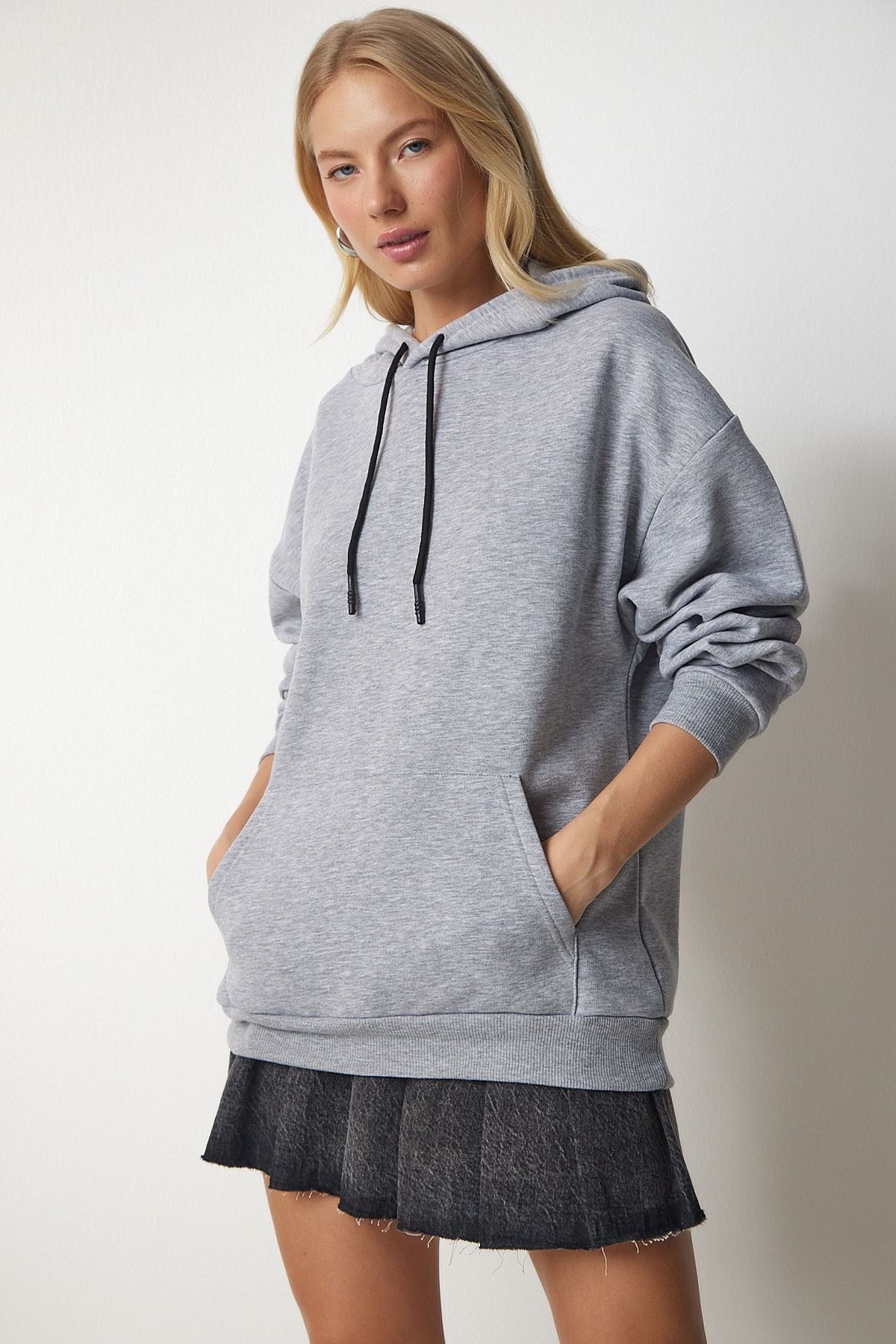 Gri Kapüşonlu Örme Sweatshirt EW00001