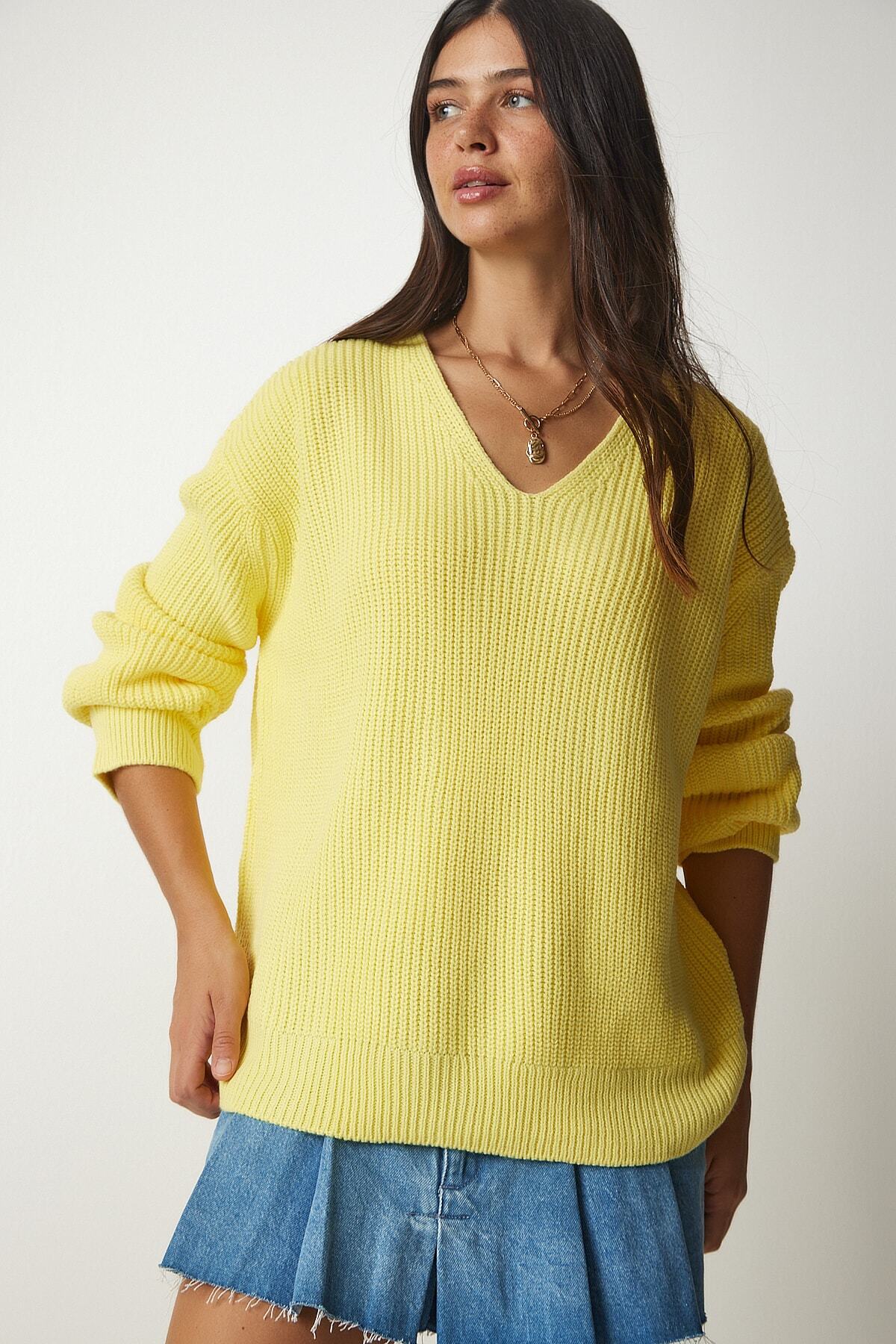 Sarı V Yaka Oversize Basic Triko Kazak MX00130