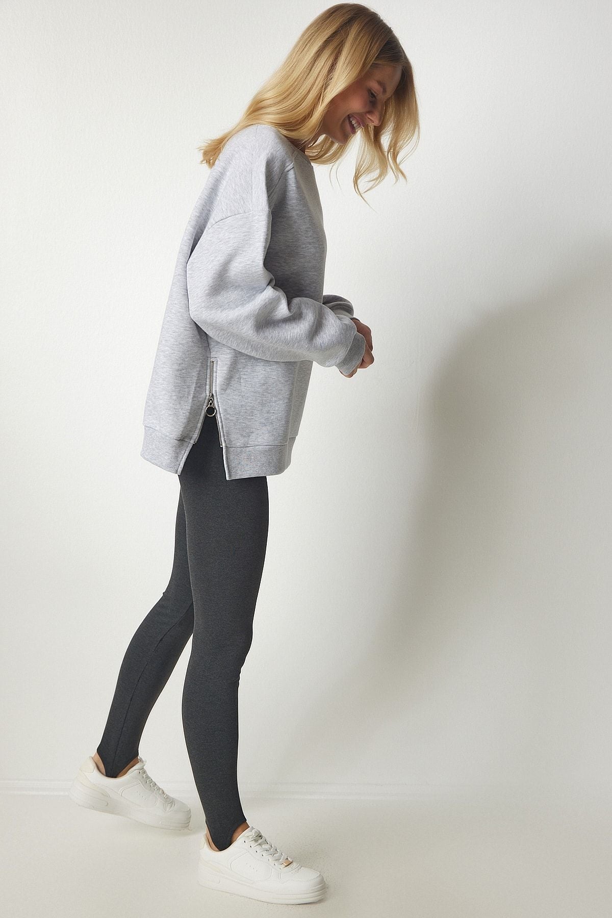 Gri Fermuar Detaylı Şardonlu Örme Sweatshirt UB00148