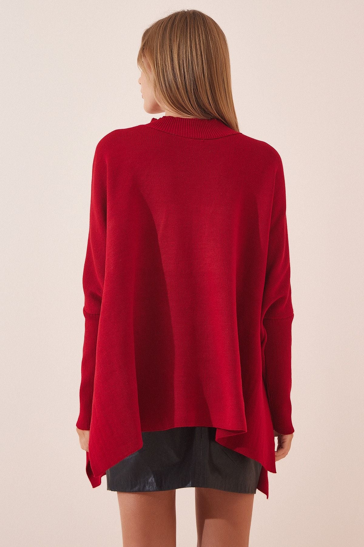 Kırmızı Yandan Yırtmaçlı Oversize Panço Kazak YY00005