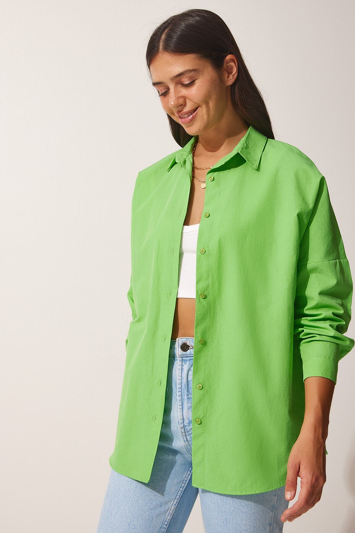 Orta Yeşil Oversize Uzun Basic Gömlek  DD00842