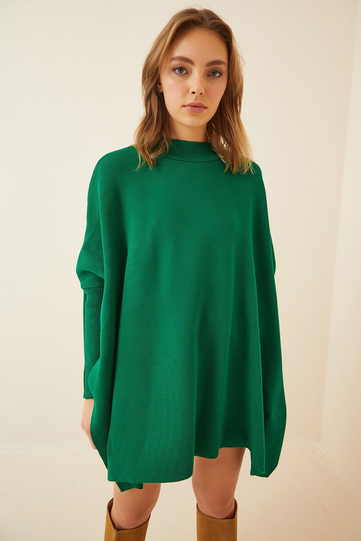 Yeşil Yandan Yırtmaçlı Oversize Panço Kazak YY00005