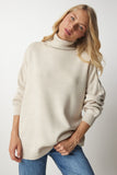 Bej Balıkçı Yaka Oversize Triko Kazak BV00084