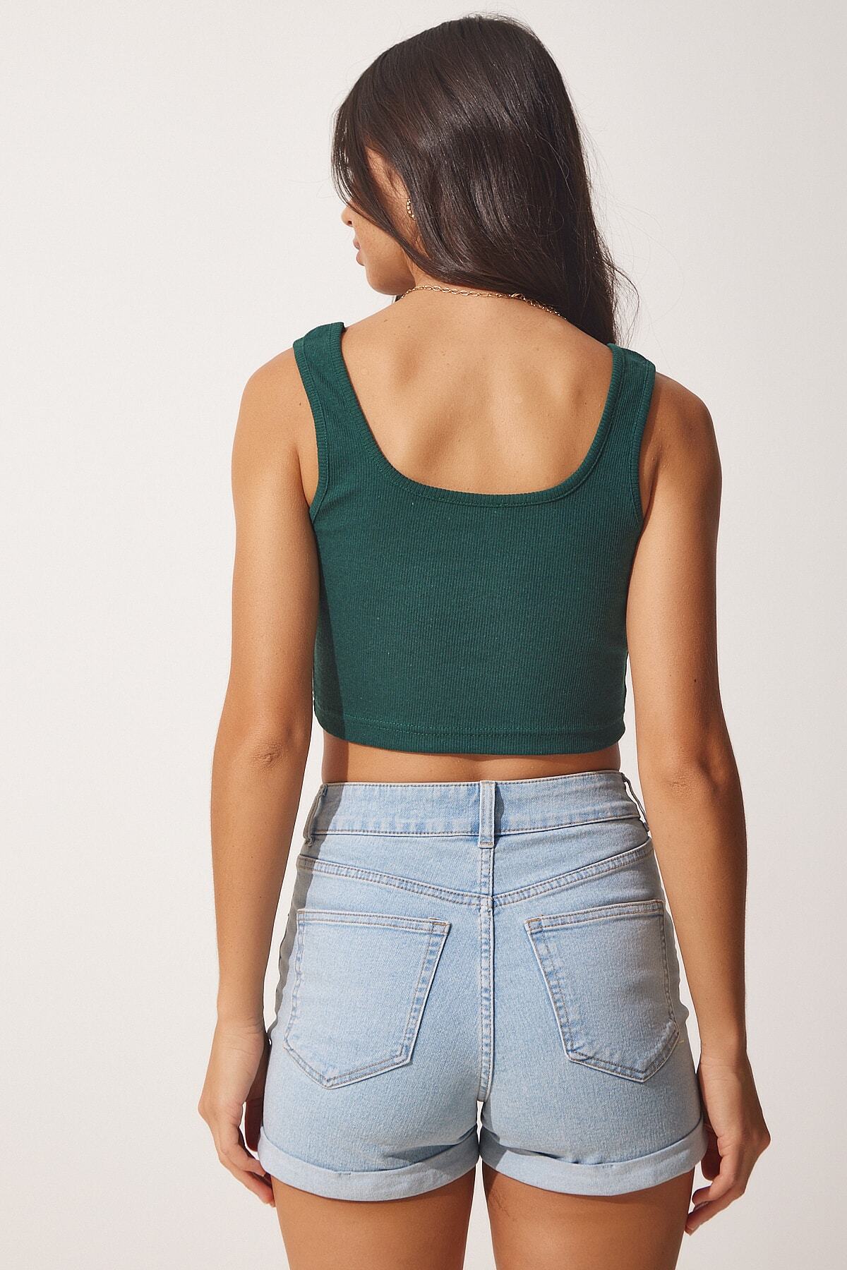 Bisküvi Zümrüt Yeşili Askılı Crop 2'Li Paket Örme Bluz GT00034