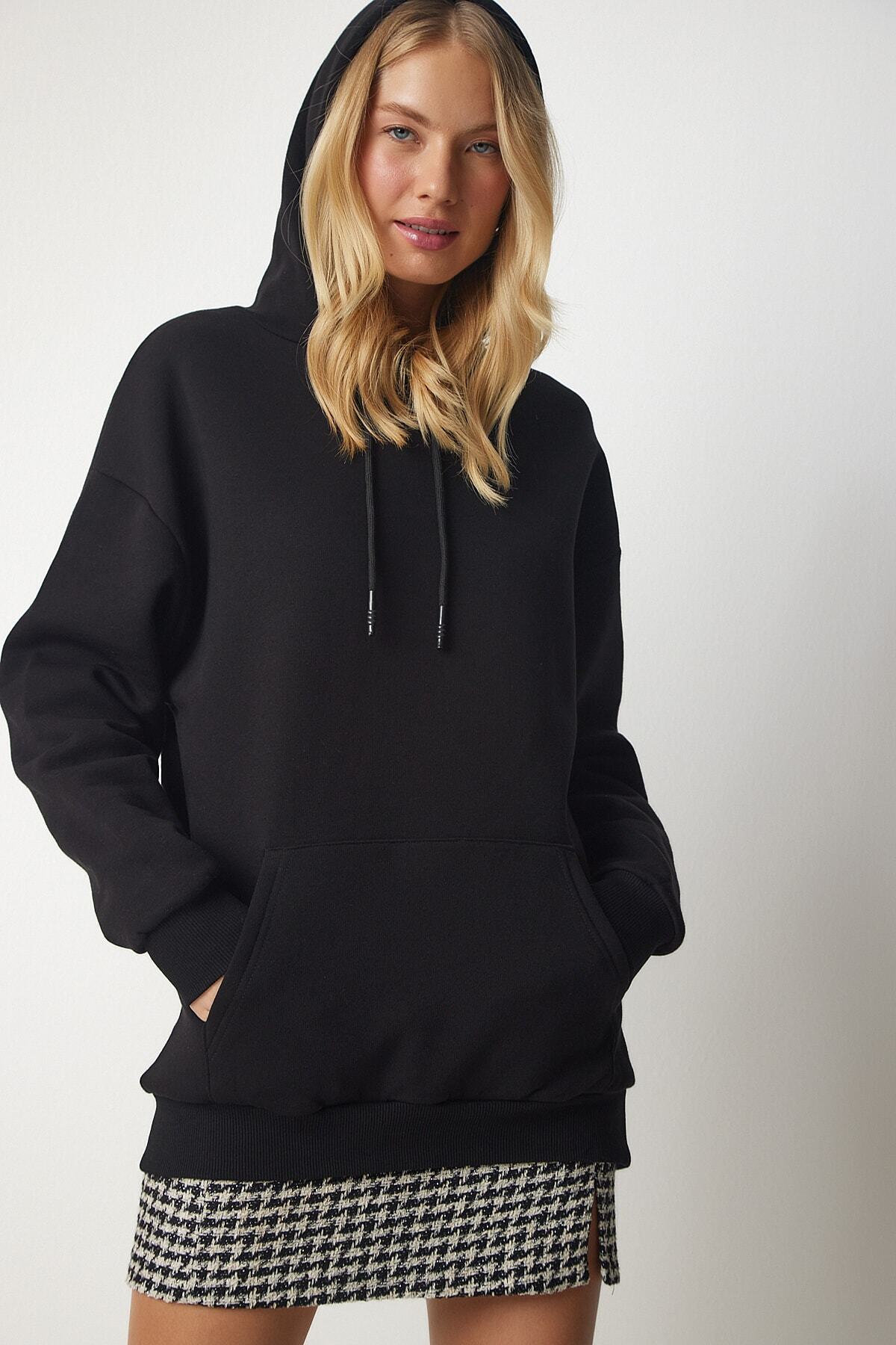 Siyah Kapüşonlu Örme Sweatshirt EW00001