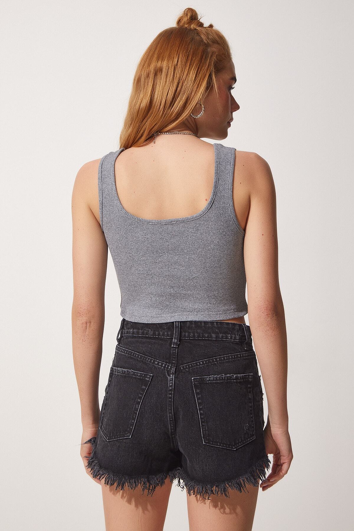 Gri Askılı Fitilli Crop Örme Bluz GT00030