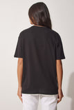 Siyah Işıltılı Kalp Baskılı Oversize Örme T-Shirt DR00077