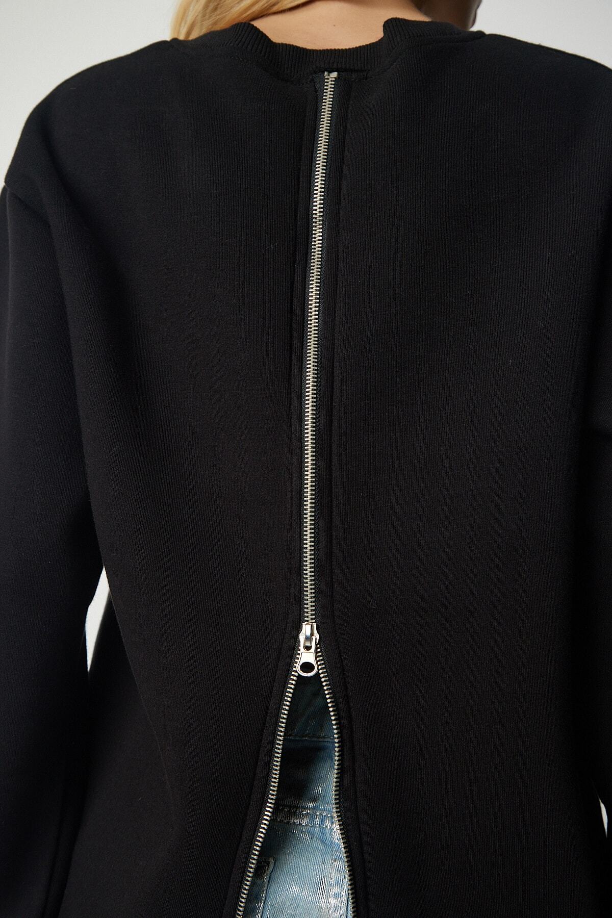 Siyah Arkası Fermuarlı Şardonlu Örme Sweatshirt UB00146