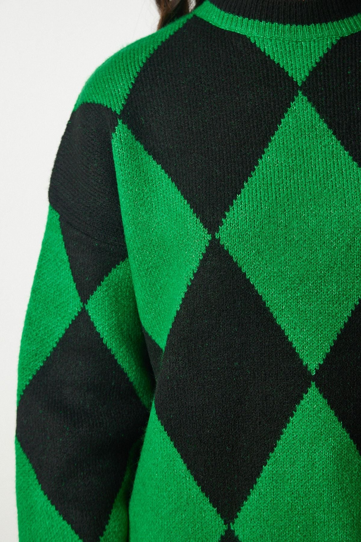 Yeşil Baklava Desenli Oversize Triko Kazak YY00161
