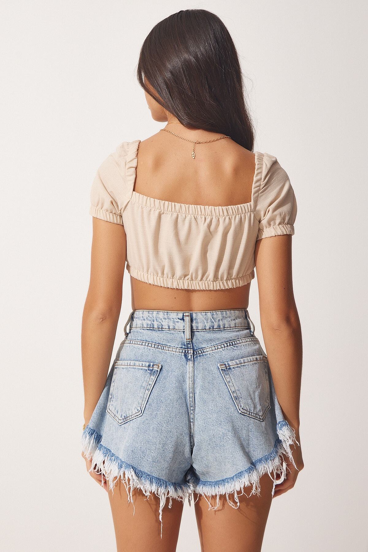 Bej Keten Karışımlı Büzgülü Crop Bluz BV00065