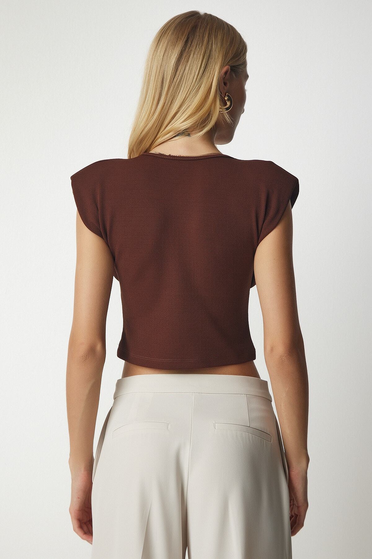 Kahverengi Hafif Dekolteli Crop Bluz CI00087