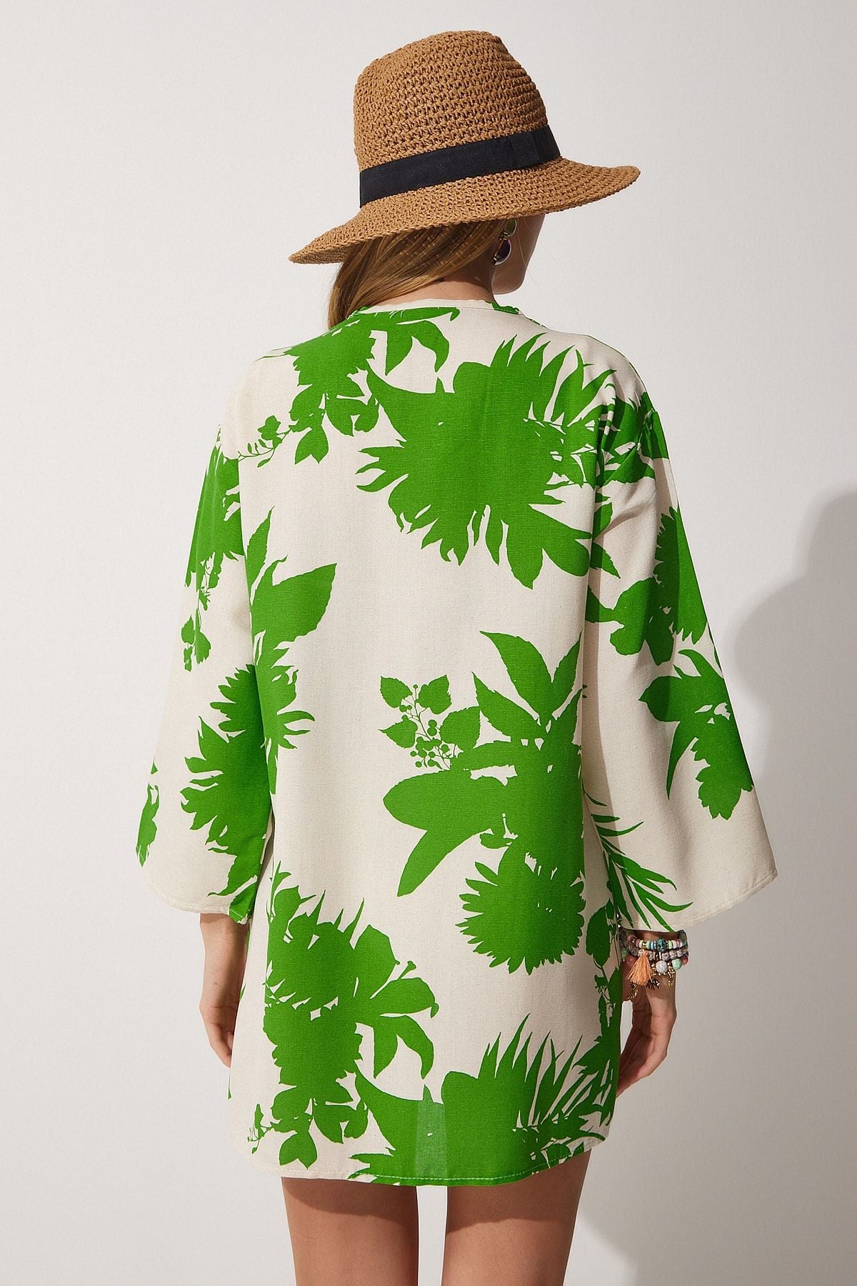 Bej Yeşil Desenli Keten Viskon Kimono BH00381